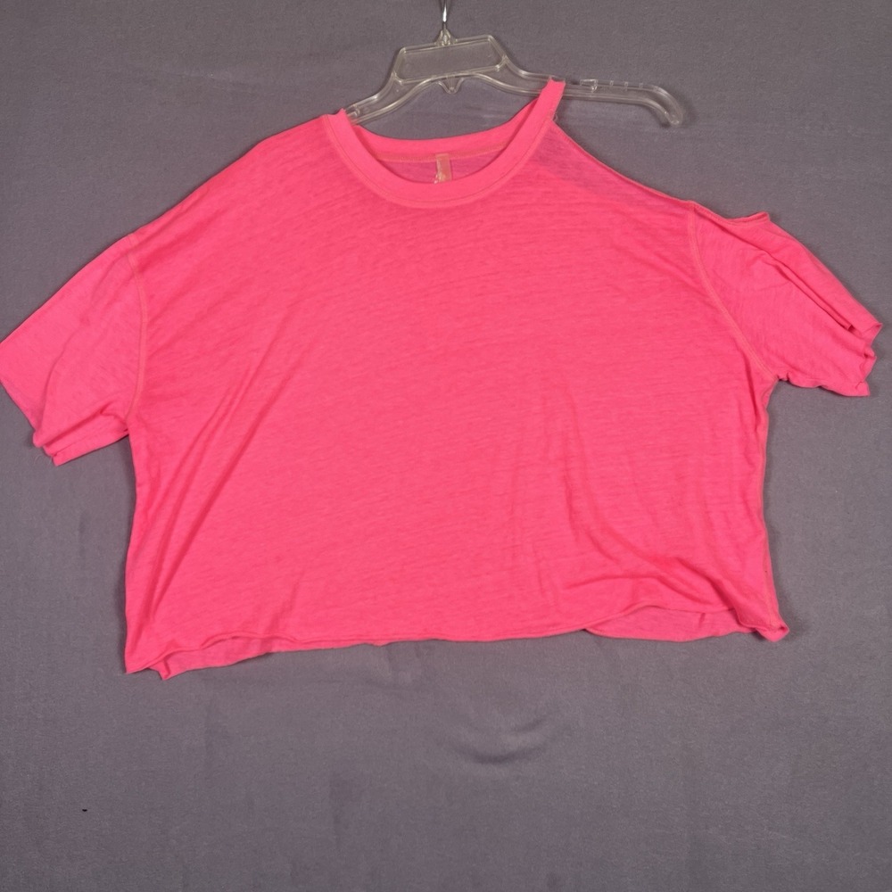 Free People Movement Cold Shoulder Tee Womens Size L Neon Pink Sheer Cropped